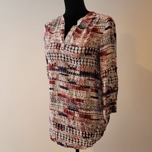Dalia Patriotic Red White & Blue 3/4 Sleeve V Neck Blouse 100% Rayon Sz Small